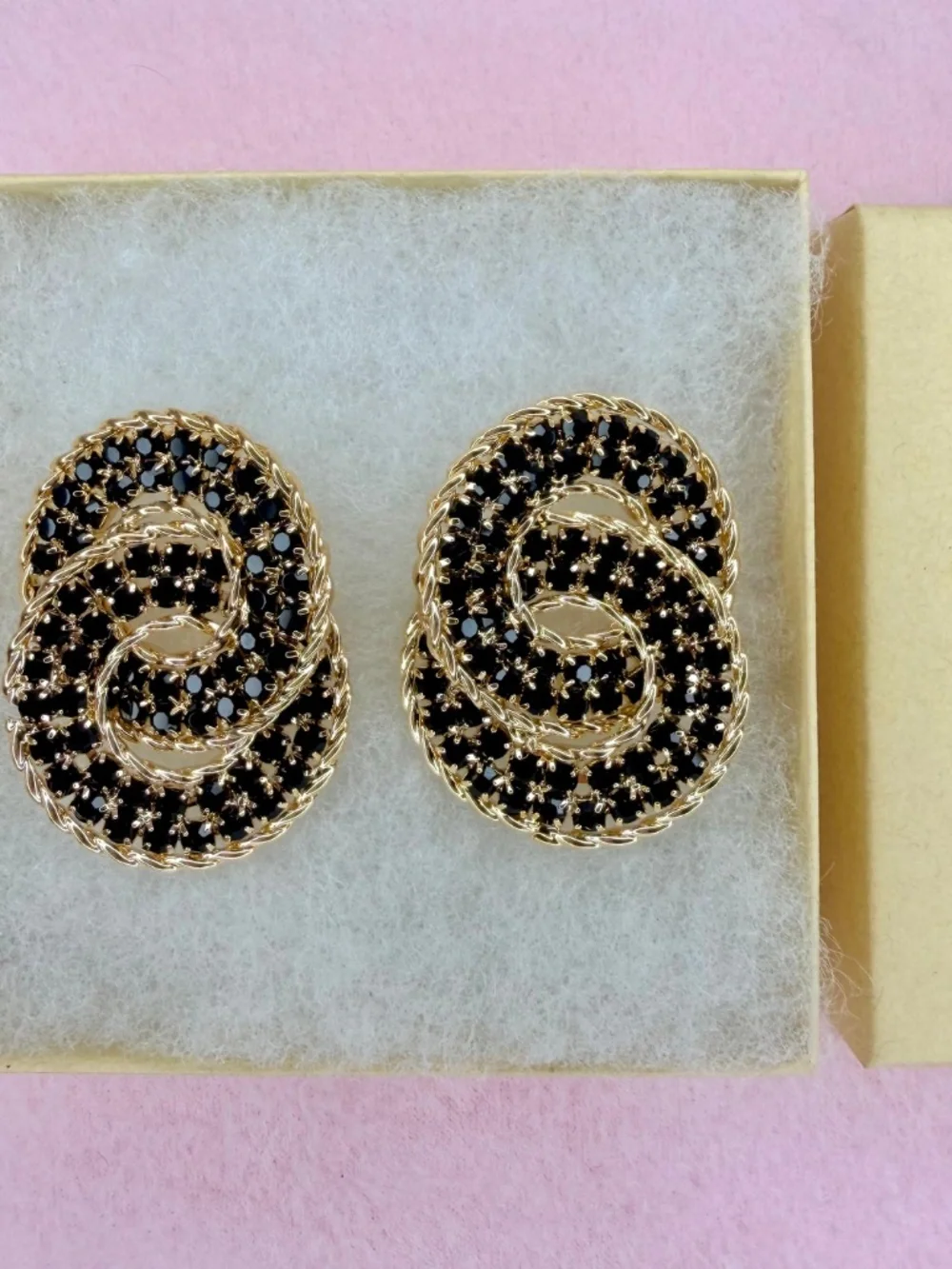 Statement Black Crystal Earrings Gold Tone Oval Stud Chunky Elegant Earrings
